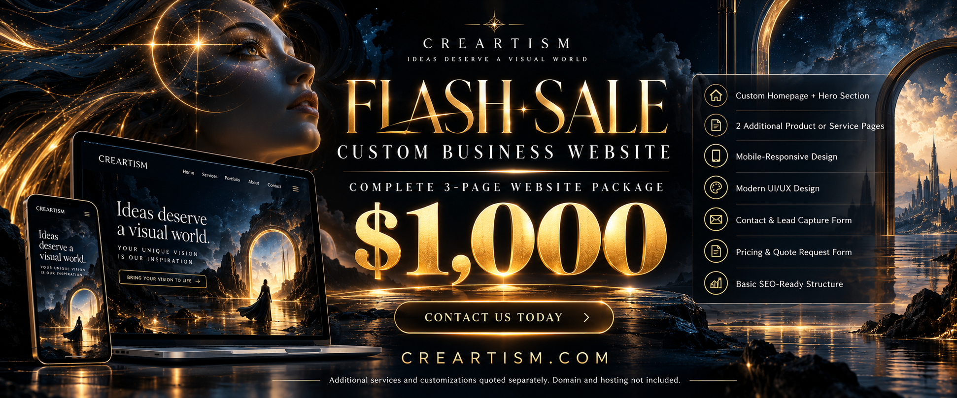CreArtism Flash Sale: Custom three-page business website, $1,000. Includes a homepage with hero section, two additional product or service pages, mobile-responsive design, modern user interface, contact and quote request forms, and basic SEO structure. Additional services quoted separately; domain and hosting not included.