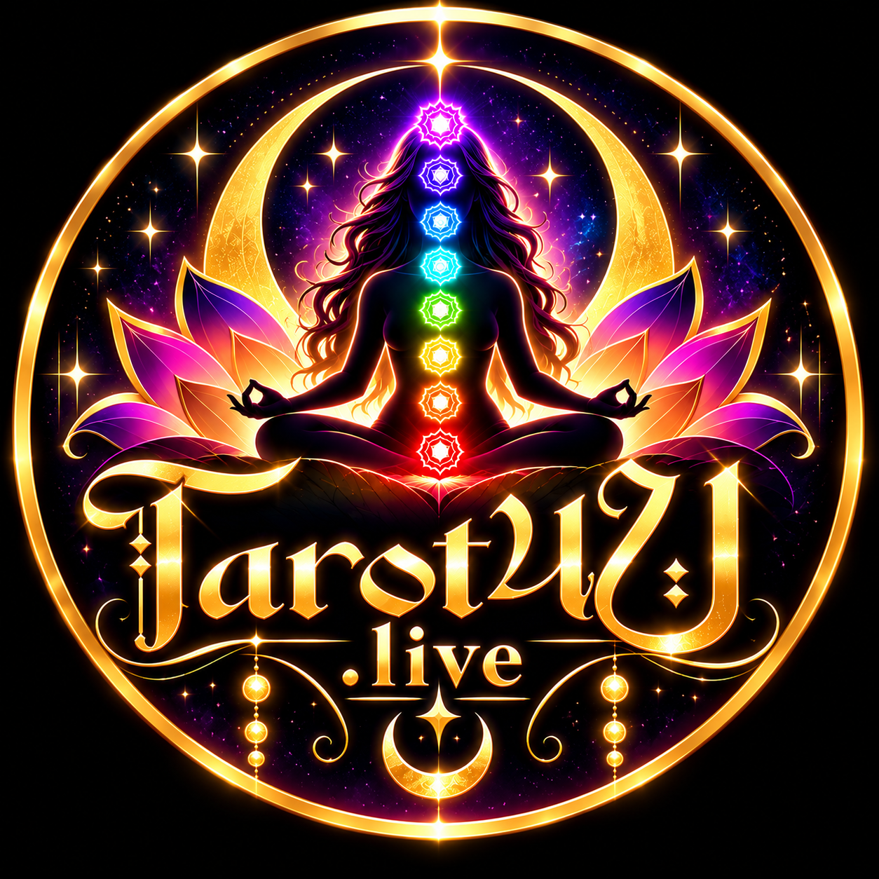 Tarot4U.live gold celestial logo with meditating silhouette and rainbow chakras